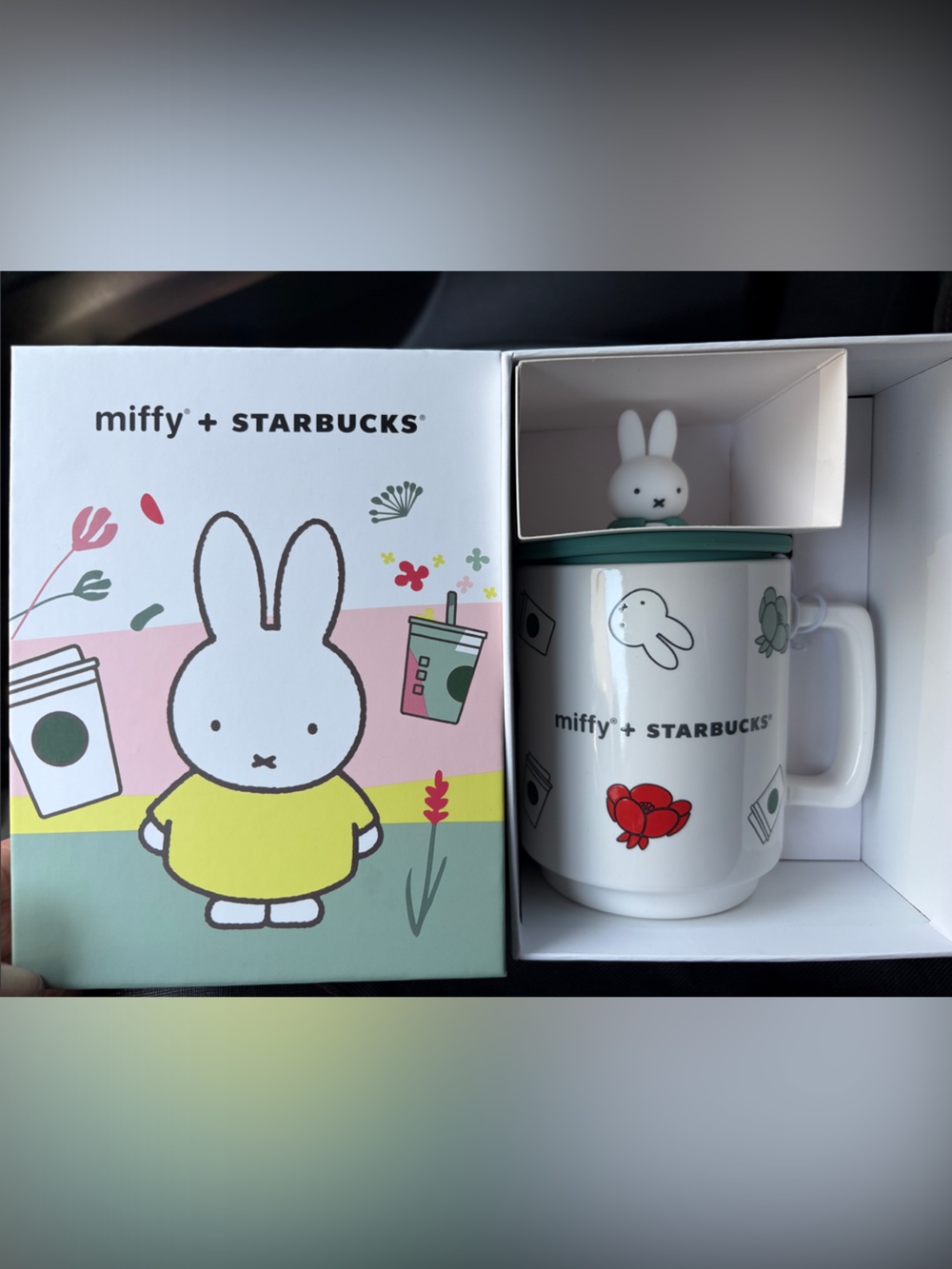 New** Starbucks x Miffy White Mug with Green Lid and Multicolor Floral Accents